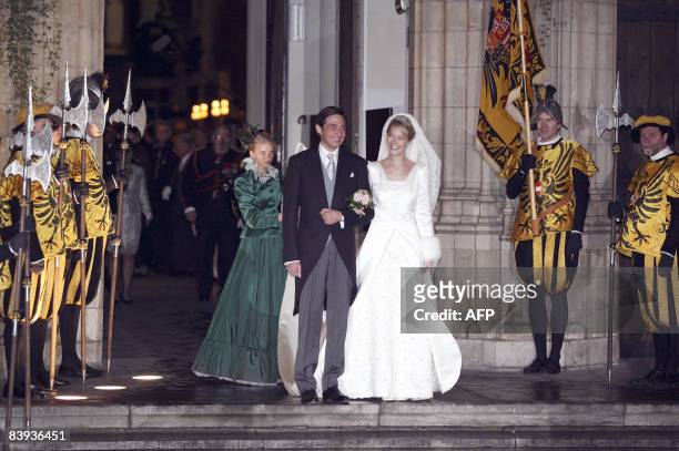 Archduchess Marie-Christine of Austria and Count Rodolphe of Limburg Stirum leave the 'Sint-Romboutskathedraal' after their wedding in Mechelen, on...