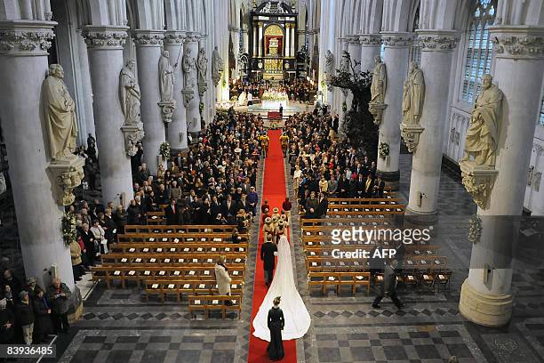 Archduchess Marie-Christine of Austria and her father Archduke Christian of Austria enter the 'Sint-Romboutskathedraal' , before her wedding to Count...