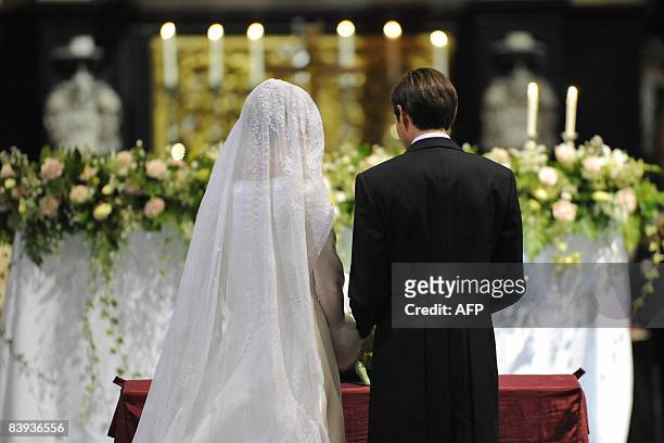 Count Rodolphe of Limburg Stirum and Archduchess Marie Christine of Austria are pictured during their wedding at the 'Sint-Romboutskathedraal' ,...