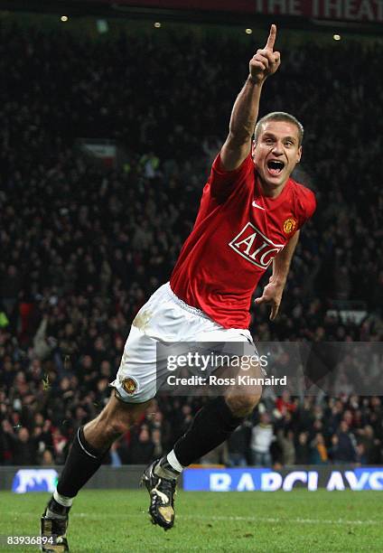 Nemanja Vidic of Manchester United celebrates scoring the winning goal during the Barclays Premier League match between Manchester United and...