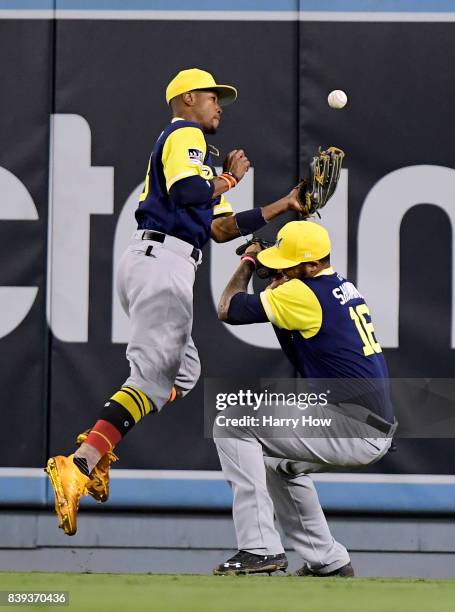 Keon Broxton of the Milwaukee Brewers makes a catch for an out of Adrian Gonzalez of the Los Angeles Dodgers, avoiding a collision with Domingo...