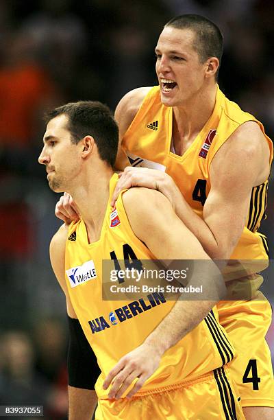 Adam Chubb and Casey Jacobsen of ALba Berlin celebrates winning the Basketball Bundesliga match between Alba Berlin and New Yorker Phantoms at the O2...