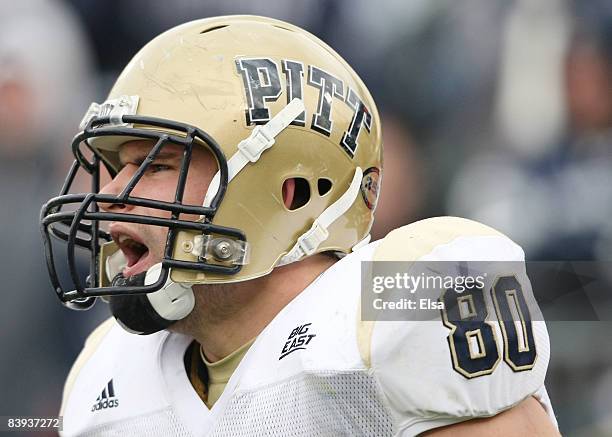 Nate Byham of the Pittsburgh Panthers celebrates his touchdown in the second half against the Connecticut Huskies on December 6, 2008 at Rentschler...