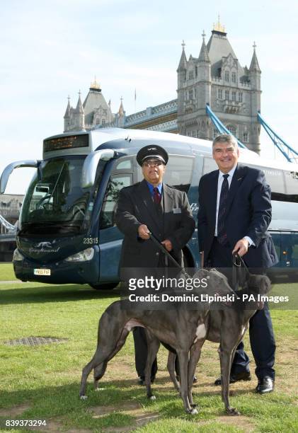 Chief Executive of First Group Sir Moir Lockhead and US Coach Driver Leon Batchelor at the launch of First Group's new Greyhound UK service in...