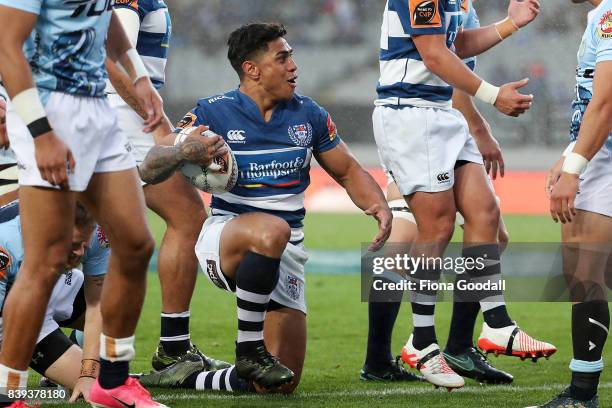 Malakai Fekitoa of Auckland thinks he has scored a try during the round two Mitre 10 Cup match between Auckland and Northland at Eden Park on August...