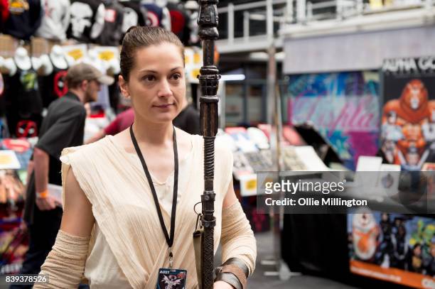 Cosplayer as Rey from Star Wars seen during the London Super Comic Con at Business Design Centre on August 25, 2017 in London, England.