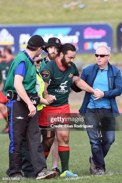 Medical staff assist Piri Weepu of Wairarapa-Bush off the field during the round one Heartland Championship match between Wanganui and Wairarapa Bush...