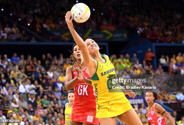 Caitlin Bassett of the Diamonds gets above Geva Mentor of the Roses as they compete for the ball during the 2017 Netball Quad Series match between...