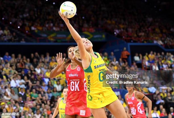 Caitlin Bassett of the Diamonds gets above Geva Mentor of the Roses as they compete for the ball during the 2017 Netball Quad Series match between...