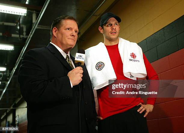 Jason Spezza of the Ottawa Senators is interviewed by Dean Brown for CBC television after his hat-trick performance against the Pittsburgh Penguins...