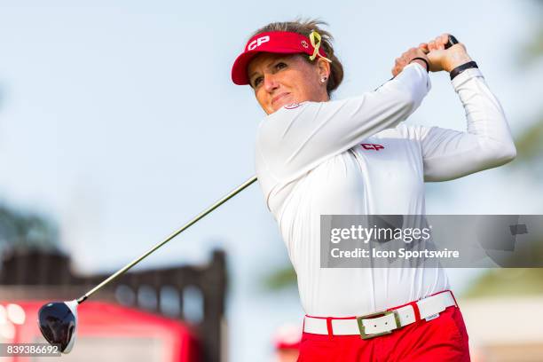 Lorie Kane tees off on the 1st hole during the second round of the Canadian Pacific Women's Open on August 25, 2017 at The Ottawa Hunt and Golf Club,...