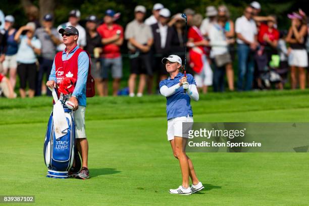 Stacy Lewis watches her fairway shot on the 18th hole during the second round of the Canadian Pacific Women's Open on August 25, 2017 at The Ottawa...