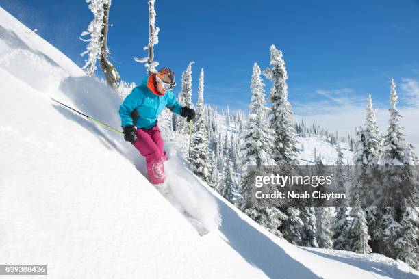 woman enjoys sunny powder day while skiing in whitefish, montana - pantaloni da sci foto e immagini stock