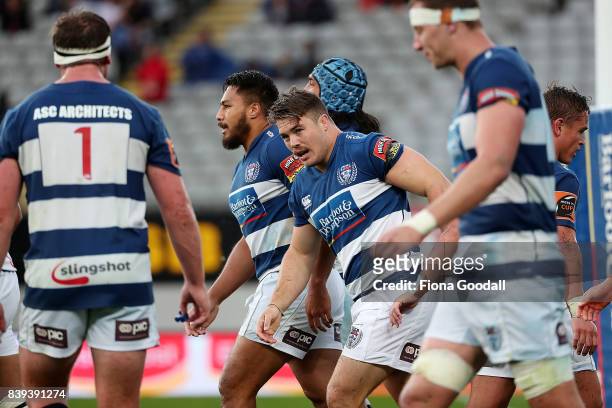Kurt Eklund of Auckland scores a try during the round two Mitre 10 Cup match between Auckland and Northland at Eden Park on August 26, 2017 in...