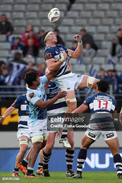 Scott Scrafton of Auckland takes the high ball during the round two Mitre 10 Cup match between Auckland and Northland at Eden Park on August 26, 2017...