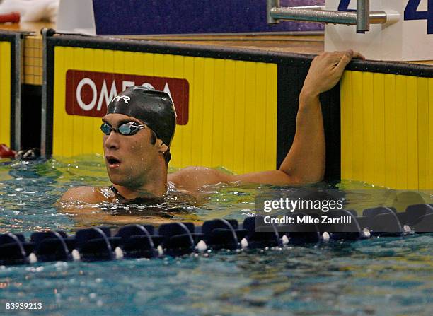 Matt Grevers looks back at the scoreboard after swimming in the finals of the 100 yard freestyle during the 2008 Short Course National Championships...