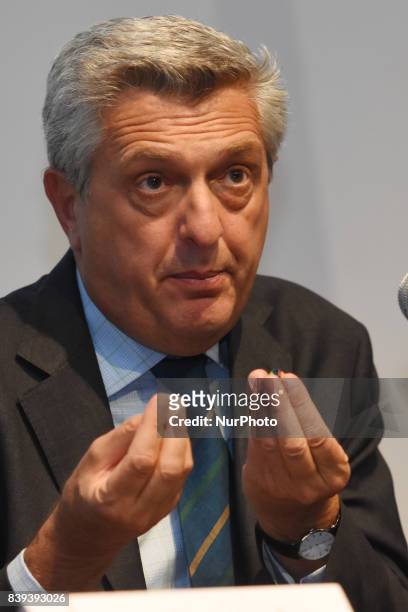 United Nations High Commissioner for Refugees Filippo Grandi is seen during his speech at a press conference at Memoriam and Tolerance Museum on...