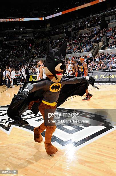 The San Antonio Spurs Coyote performs as the Dark Knight during a time out against the Golden State Warriors on December 6, 2008 at the AT&T Center...