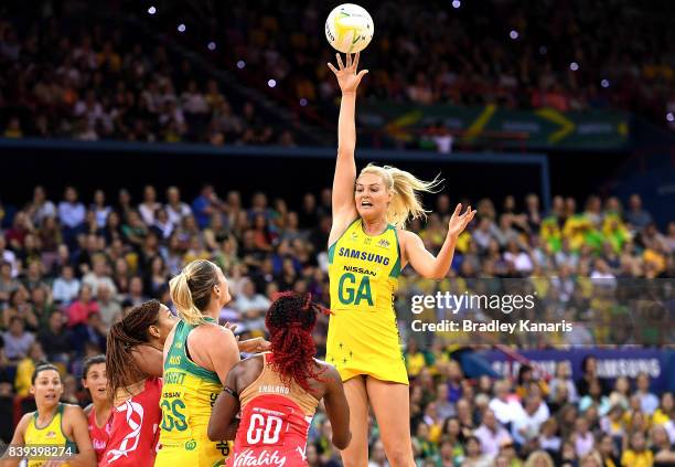 Gretel Tippett of the Diamonds passes the ball during the 2017 Netball Quad Series match between the Australian Diamonds and the England Roses at...