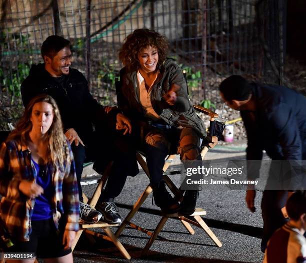 Jennifer Lopez and her castmates are seen on location for 'Shades of Blue' in Manhattan on August 24, 2017 in New York City.