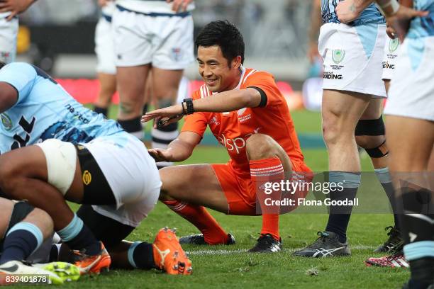 Referee Shuhei Kubo makes a call during the round two Mitre 10 Cup match between Auckland and Northland at Eden Park on August 26, 2017 in Auckland,...