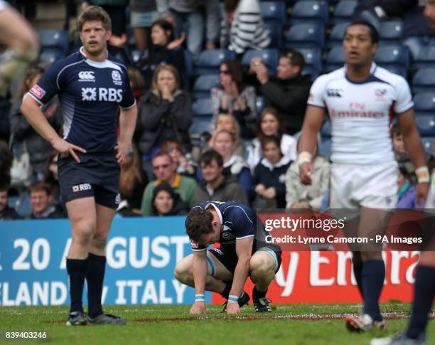 Scotland's Scott Riddell reacts after failing to qualify for the Cup during the Emirates Airline Edinburgh Sevens at Murrayfield Stadium, Edinburgh.