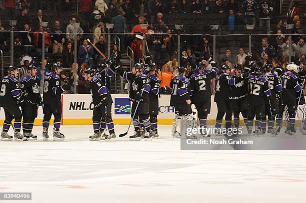 The Los Angeles Kings celebrate a 3-0 shutout against the Columbus Blue Jackets during the game on December 6, 2008 at Staples Center in Los Angeles,...