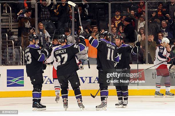 The Los Angeles Kings celebrate a second period goal from teammate Kyle Calder during the game against the Columbus Blue Jackets on December 6, 2008...