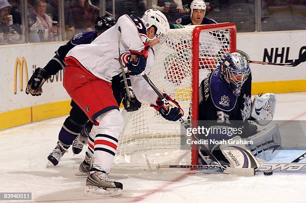 Andrew Murray of the Columbus Blue Jackets attempts a shot on goal against Jason LaBarbera of the Los Angeles Kings during the game on December 6,...