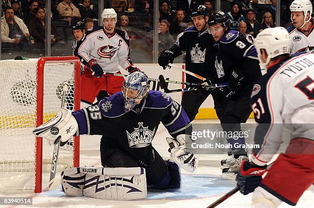 Jason LaBarbera of the Los Angeles Kings stops a shot on goal during the game against the Columbus Blue Jackets on December 6, 2008 at Staples Center...