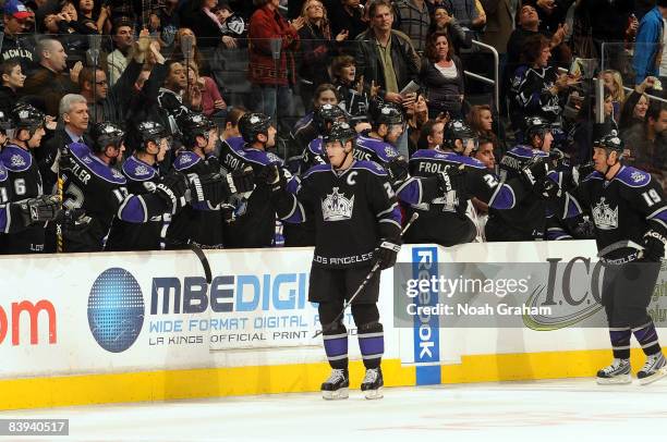 The Los Angeles Kings celebrate a second period goal from teammate Kyle Calder during the game against the Columbus Blue Jackets on December 6, 2008...