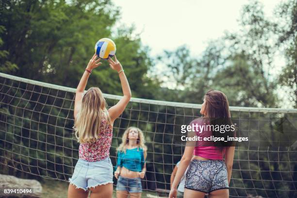 vrienden volleyballen op openbaar park - volleyball park stockfoto's en -beelden