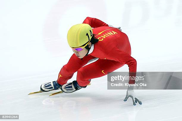 Wang Meng of China competes in the Ladies 500m final during the Samsung ISU World Cup Short Track 2008/2009 Nagano at Big Hat on December 7, 2008 in...