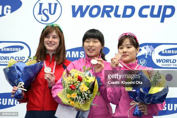 Silver medalist Katherine Reutter of the USA gold medalist Shin Sae-bom of South Korea and bronze medalist Kim Min-jung of South Korea pose for...