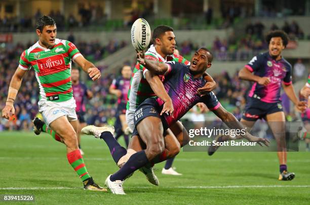 Suliasi Vunivalu of the Storm is awarded a penalty try during the round 25 NRL match between the Melbourne Storm and the South Sydney Rabbitohs at...