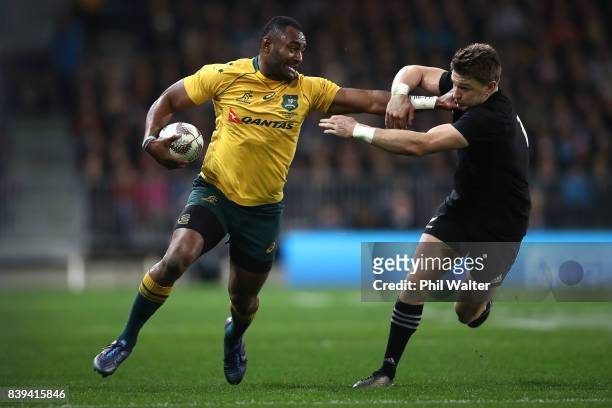 Tevita Kuridrani of the Wallabies is tackled by Ryan Crotty of the All Blacks during The Rugby Championship Bledisloe Cup match between the New...