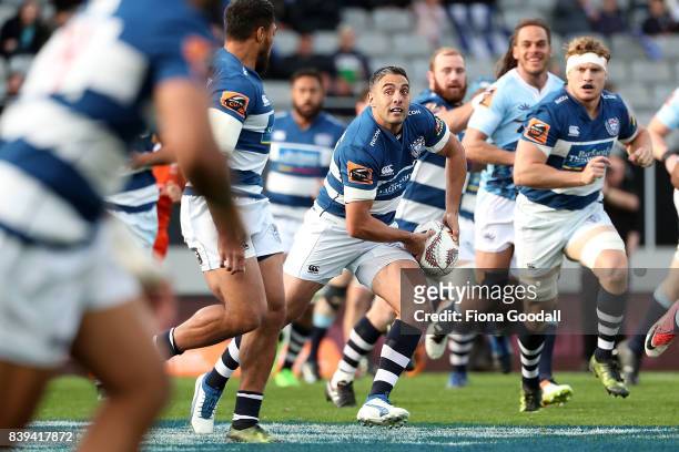 Daniel Bowden of Auckland passes during the round two Mitre 10 Cup match between Auckland and Northland at Eden Park on August 26, 2017 in Auckland,...