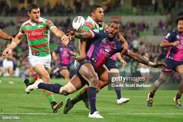 Suliasi Vunivalu of the Storm is awarded a penalty try during the round 25 NRL match between the Melbourne Storm and the South Sydney Rabbitohs at...