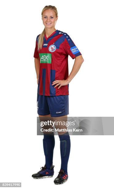 Amanda Ilestedt of Turbine Potsdam poses during the Allianz Frauen Bundesliga Club Tour at stadium Luftschiffhafen on August 24, 2017 in Potsdam,...