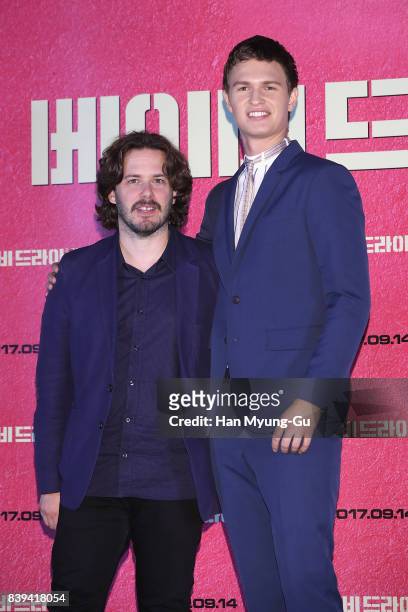 Director Edgar Wright and actor Ansel Elgort attend the 'Baby Driver' press conference at COEX Megabox on August 25, 2017 in Seoul, South Korea. The...