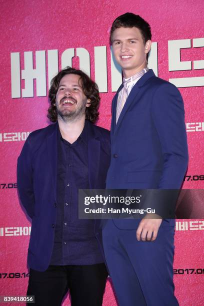 Director Edgar Wright and actor Ansel Elgort attend the 'Baby Driver' press conference at COEX Megabox on August 25, 2017 in Seoul, South Korea. The...