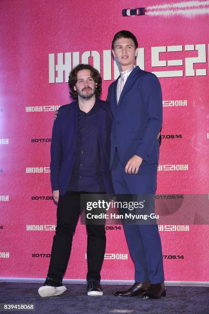 Director Edgar Wright and actor Ansel Elgort attend the 'Baby Driver' press conference at COEX Megabox on August 25, 2017 in Seoul, South Korea. The...