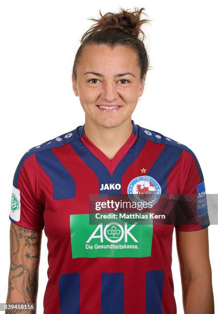 Lidija Kulis of Turbine Potsdam poses during the Allianz Frauen Bundesliga Club Tour at stadium Luftschiffhafen on August 24, 2017 in Potsdam,...