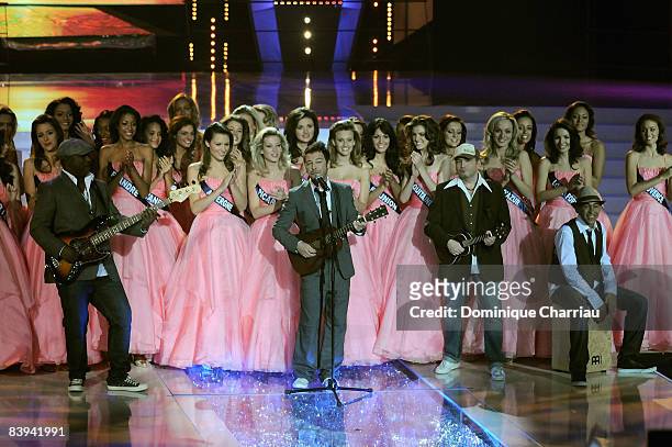 French singer Christophe Mae performs on stage at the Miss France Pageant 2009 on December 6, 2008 at Le Puy du Fou, France