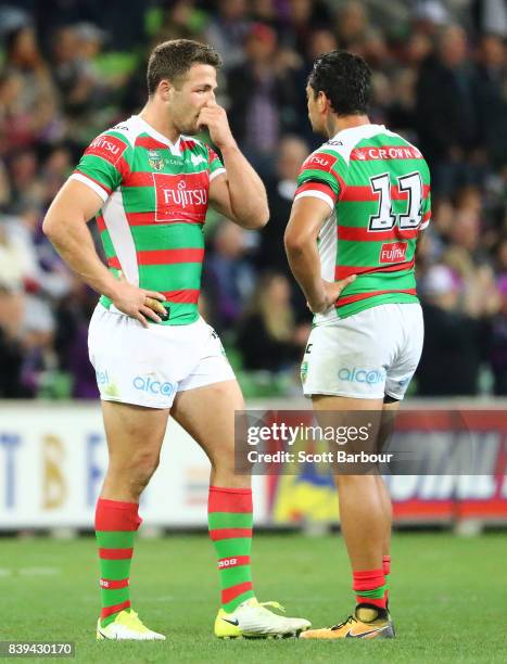 Sam Burgess and Rabbitohs players look dejected at the full time siren after the round 25 NRL match between the Melbourne Storm and the South Sydney...