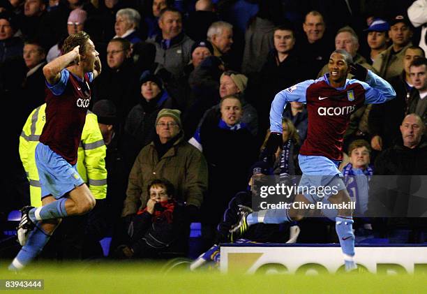 Ashley Young of Aston Villa celebrates scoring the winning goal in added time during the Barclays Premier League match between Everton and Aston...