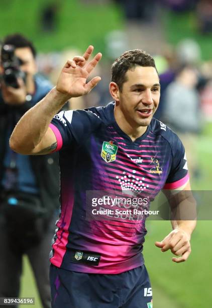Billy Slater of the Storm gestures to the crowd after winning the round 25 NRL match between the Melbourne Storm and the South Sydney Rabbitohs at...