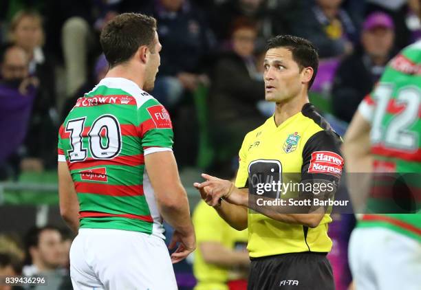 Sam Burgess of the Rabbitohs is put on report for a tackle on Felise Kaufusi during the round 25 NRL match between the Melbourne Storm and the South...