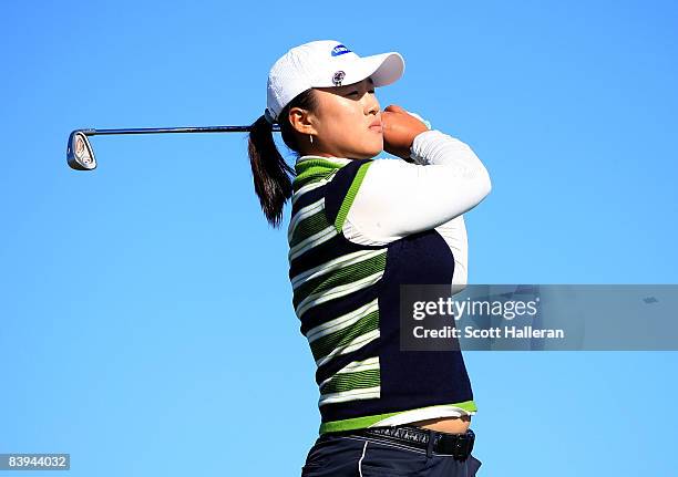 Amy Yang of South Korea hits her tee shot on the 14th hole during the final round of the LPGA Qualifying School at LPGA International on December 7,...