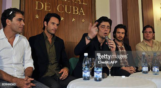 Puerto Rican actor Benicio del Toro speaks next to actors Vladimir Cruz from Cuba, Rodrigo Santero from Brazil, Santiago Cabrera from Chile and...